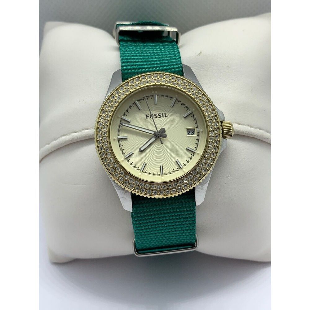 Fossil AM4524 Women's Green Strap Analog White Dial Quartz Wrist Watch ZZ175